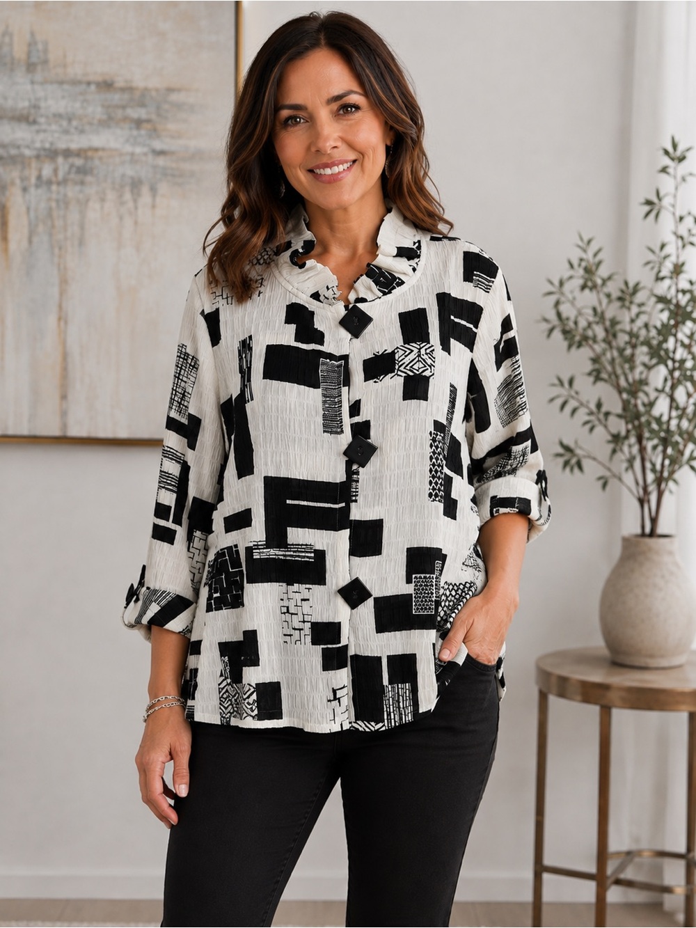 Ali Miles Womens Tunic Top Size Large Art to Wear Lagenlook Abstract Artsy